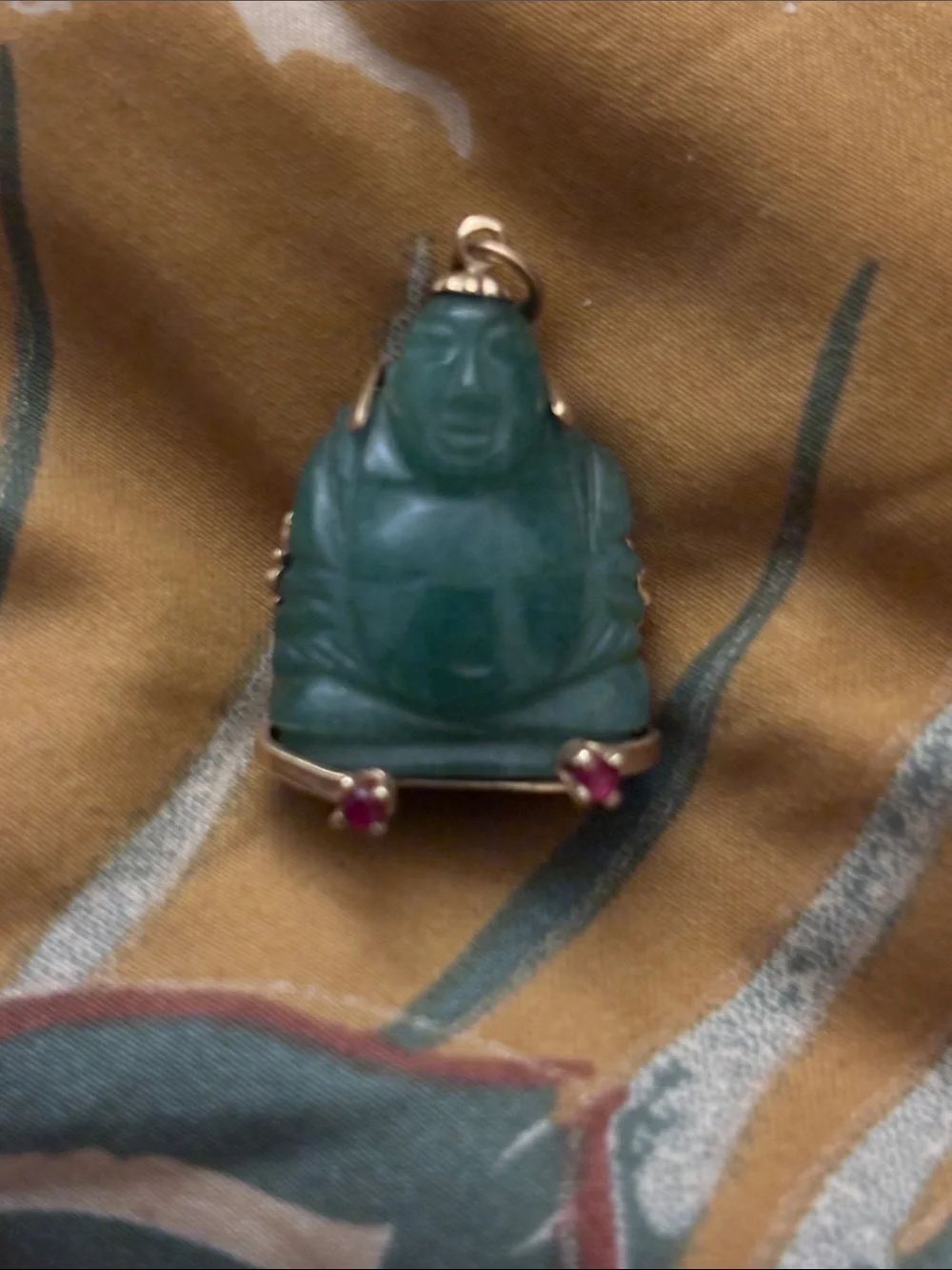 14K Solid Gold Aventurine and Ruby Buddha Pendant Necklace